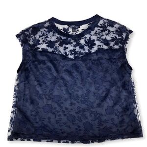Laundry by Shelly Segal Navy Blue Sheer Floral Overlay Blouse Top Size Large